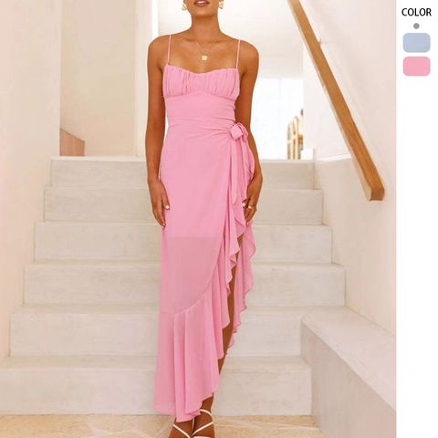 Women Maxi Dress Spaghetti Strap Ruffle Backless Asymmetric Chiffon Sexy Summer Vacation Evening Party