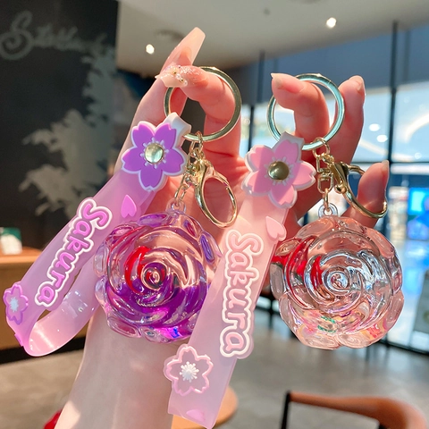 Rose Flower Quicksand Keychain Dimensional Acrylic Liquid Sequins Bag Charm With Sakura Silicone Strap For Women Girls