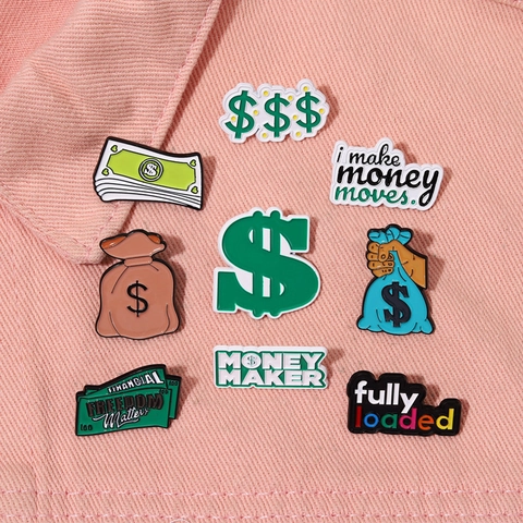 Money Themed Alloy Enamel Brooch Money Maker Financial Freedom Dollar Sign Banknote Pin For Clothing Backpack Hat Decor