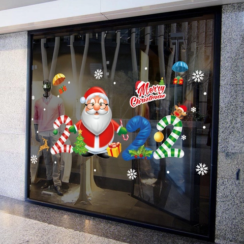 Weihnachts-Wandaufkleber PVC Wasserdicht Selbstklebend Weihnachtsmann Rentier Schneeflocken Fröhliche Weihnachten Fensteraufkleber