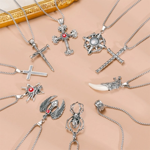 Vintage Hanger Ketting Titanium Staal Gothic Punk Kruis Schedel Wolfstand Steen Voor Heren Dames Sieraden Accessoires