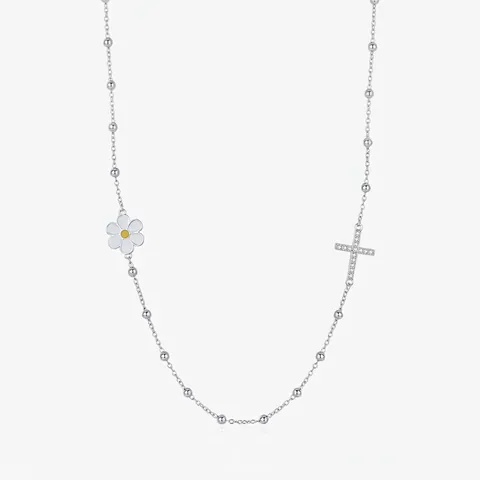 Collier En Argent Sterling 925 Avec Fleur De Marguerite En Émail Blanc Et Pendentif Croix En Strass Pour Femmes Style Forêt