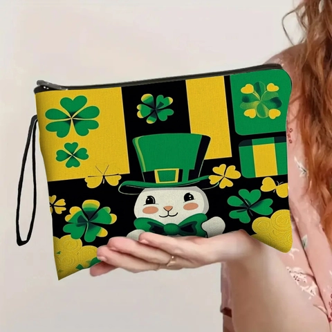 St Patricks Day Kosmetiktasche Leinenähnliches Polyester Tragbare Reißverschluss Kosmetikbeutel Mit Handgelenkschlaufe Kleeblatt Hasenmuster