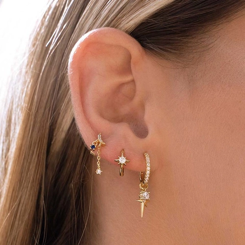 Französischer Luxus Mond Stern Quaste Kette Ohrringe Für Damen 925 Sterlingsilber Ohrstecker-Stift Kupfer Strass Ohrhänger