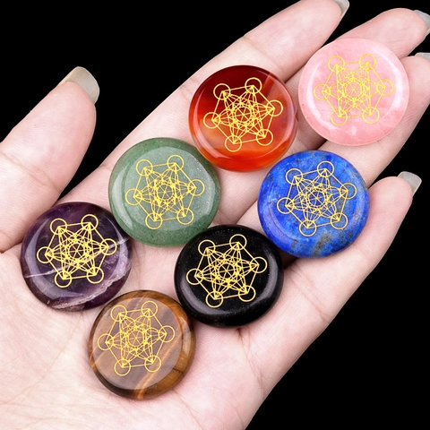 Natural Crystal Stone Round Engraved Gold Metatron Cube Sacred Geometry Polished Gemstone Meditation Healing Reiki DIY Craft