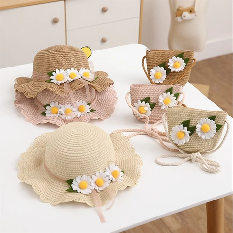 Kids Summer Daisy Straw Hat And Bag Set Girls Woven Beach Sun Hat Floral Straw Handbag Outdoor Sunscreen Accessories Set