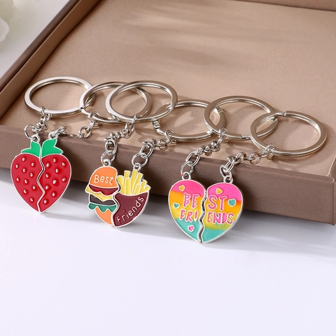 Matching Keychain Enamel Zinc Alloy Splicing Heart Avocado Fruit Burger For Couples Best Friends Cute Cartoon Charm