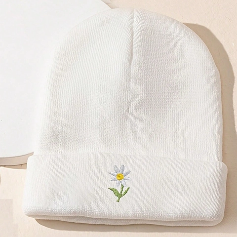 Strickmütze Beanie Acryl Warm Wintermütze Mit Gänseblümchen Stickerei Gerippt Für Herren Und Damen