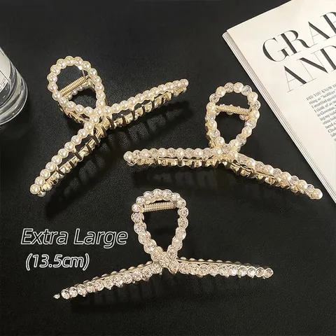 Extra Large Hair Claw Clip Gold Alloy Shark Clip With Imitation Artificial Pearl Rhinestone Elegant French Style Hair Accessories For Women