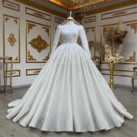 Luxurious Wedding Dress Long Sleeves High Neck Heavy Beaded Artificial Pearl Sequin Ball Gown Royal Cathedral Train For Women White