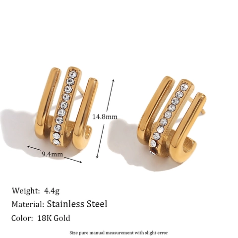 Minimalistische Triple Layer J-Form Ohrstecker Aus Edelstahl Für Damen Mode Geometrische Strass Eingelegte Ohr Schmuck Geschenk