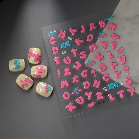 5D Embossed English Alphabet Nail Stickers 3D Bubble Letters Numbers Ice Cream Pattern DIY Decorative Decals For Nail Art