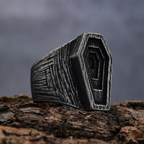 Gothische Doodskist Ring Roestvrij Staal Verouderd Retro Punk Sieraden Voor Heren Dames Donkere Stijl Getextureerde Band