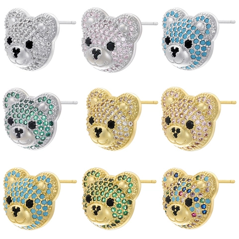 Bear Stud Earrings Copper Cubic Zirconia Pave Animal Shaped Cute Tiny Jewelry Accessories For Women Girls