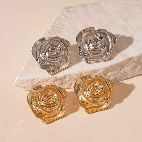 3D Rose Flower Stud Earrings Alloy Floral Metallic Jewelry With Silver Earring Post For Women Fashion Elegant Occasion