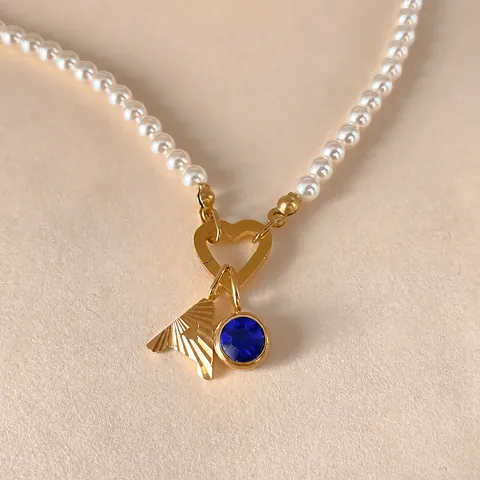 Collier en Acier Inoxydable Perle Artificielle Pendentif Alphabet pour Femmes Fermoir Cœur Strass Bleu Lettre Sculptée Bijoux DIY