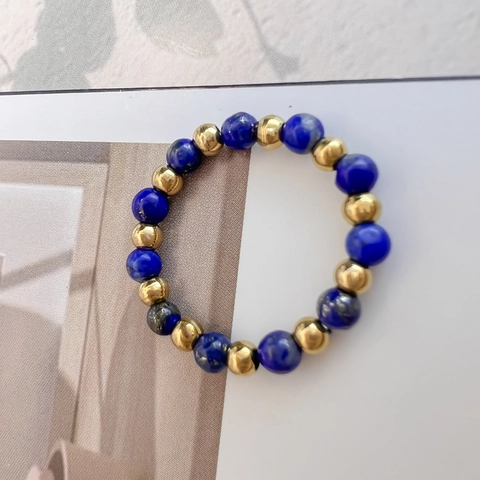 Minimalist Natural Stone Beaded Ring Stainless Steel Lapis Lazuli Elastic Stretch Vintage Stackable Jewelry For Women