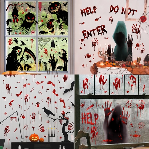 Halloween Wall Stickers PVC Bloody Handprints Footprints Window Decals Glow In Dark Scary Home Decor Party Supplies Removable