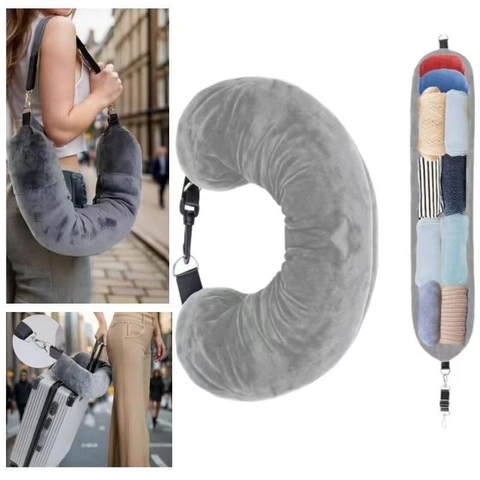 Almohada De Cuello Para Viaje Rellenable Bolsa De Almacenamiento De Terciopelo Suave Para Ropa Correa Ajustable Hebilla Funda De Almohada En U