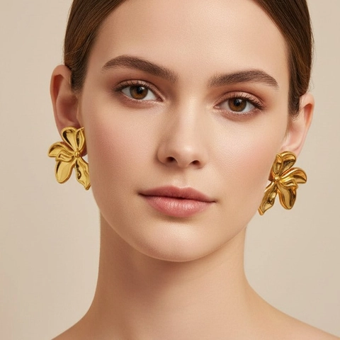 18K Gold Plated Stainless Steel Large Flower Stud Earrings Ring Necklace Set For Women Niche Design Floral Jewelry Accessory