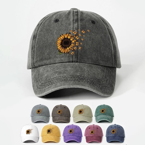 Casquette De Baseball Délavée Rétro Imprimé Tournesol Papillon Chapeau De Soleil Réglable Respirant Style Vintage Pour Hommes Femmes