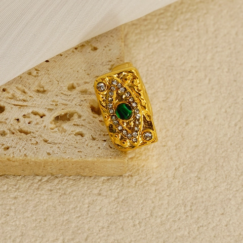 Evil Eye Ring Stainless Steel 18K Gold Plated Green Turquoise White Zircon Hammered Texture Rectangular Plate Vintage Jewelry