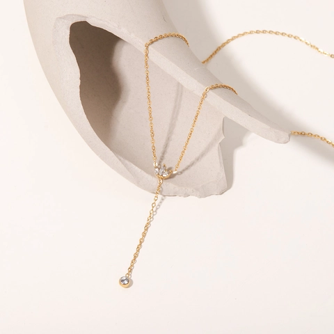 French Elegant 18K Gold Plated Stainless Steel Crown Pendant Necklace For Women Delicate Zirconia Inlaid Y-Shape Tassel Jewelry