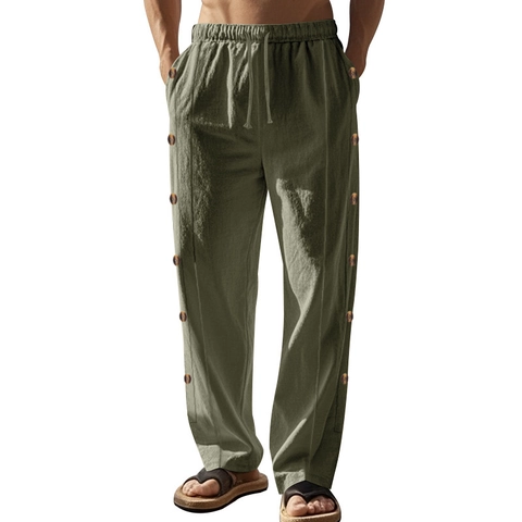 Pantaloni Di Lino Da Uomo Vita Con Coulisse Decorazione Bottoni Laterali Gamba Dritta Spiaggia Vacanze Casual