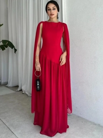 Elegant Cape Sleeve Evening Gown Round Neck Mesh Patchwork Long Dress For Party Banquet Solid Color Slim Fit