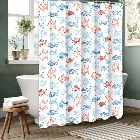 Waterproof Polyester Shower Curtain With Fish Starfish Pattern Metal Grommets Ocean Nautical Style For Bathroom Decor
