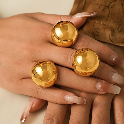 Anello in Acciaio Inossidabile Sferico Retrò Francese Design Esagerato Placcato Oro 18K Anello a Cupola Minimalista da Donna Gioielli