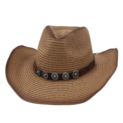Gradient Western Cowboy Straw Hat Sun Protection Beach Outdoor Boho Turquoise Metal Decor Men Women