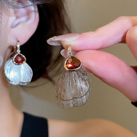 Vintage Französischer Stil Bernstein Kristall Fächerform Hängeohrringe Mit Silbernem Ohrstecker Elegante Damen Schmuck