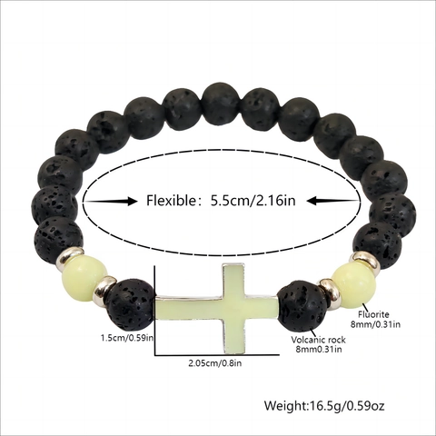 Bracciale Di Perle Con Croce Luminosa Pietra Lavica Vulcanica Glow In The Dark Gioielli Elastici