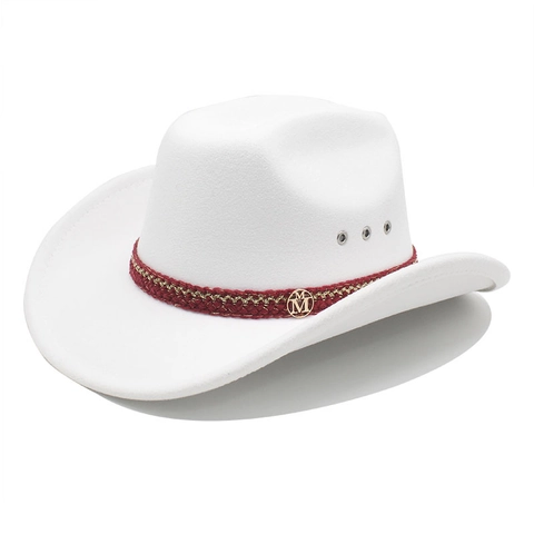 Western Cowboy Hat Woolen Felt Woven Band Metal Logo Breathable Party Headwear For Men Women