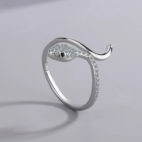 Women's Fashion Snake Shaped Open Ring Copper Platinum Plated With White Rhinestone Inlaid Adjustable Animal Design Finger Ring Jewelry