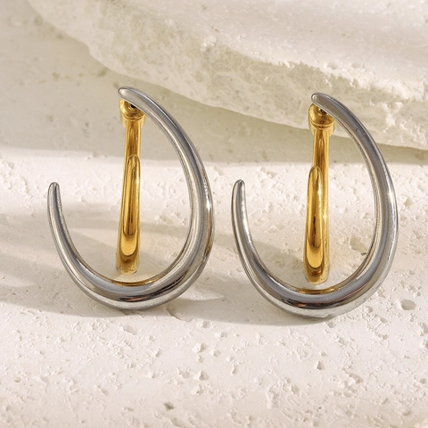 Stainless Steel 18K Gold Plated Two-Tone C-Shaped Stud Earrings Geometric Niche Design Split Fish Hook For Women