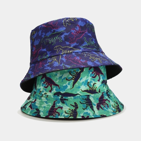 Omkeerbare Vissershoed Polyester Dinosaurus Print Zonbescherming Outdoor Casual Unisex Dubbelzijdig Zonnehoed