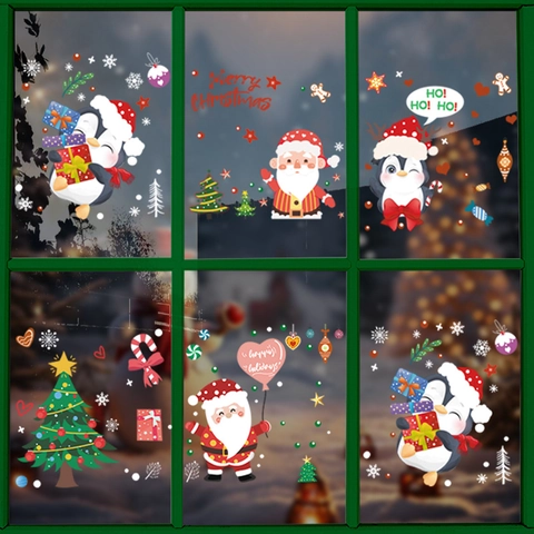 Christmas Window Stickers Static Cling PVC Glue Free Santa Reindeer Snowflake Penguin For Holiday Home Party Shop Glass Decor
