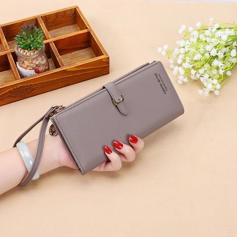 Portefeuille Long pour Femmes Grande Capacité en Cuir PU Pochette avec Dragonne Fermeture Éclair Couleur Unie Porte-Cartes Style Urbain