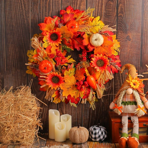 Artificial Autumn Wreath With Maple Leaves Sunflowers Pumpkins Berries Pine Cones Thanksgiving Harvest Festival Front Door Decor