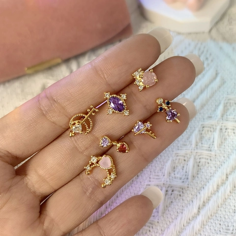 Elegant Heart Moon Star Key Brass Zircon Stud Earrings 18K Gold Plated Fashion Jewelry For Women Girls