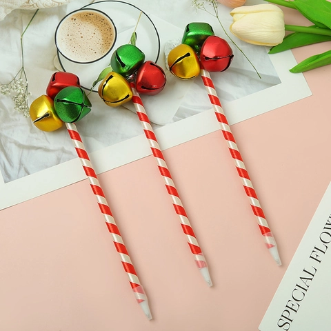 Christmas Bell Ballpoint Pen Metal Colorful Bells Red White Striped Satin Wrapped Creative Holiday Gift Student Stationery Novelty Writing Tool