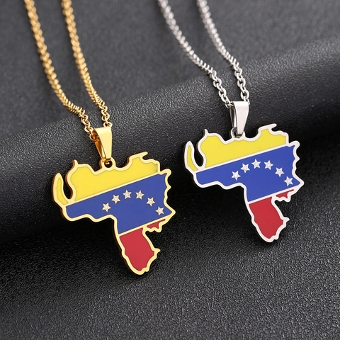 Venezuela Map Pendant Necklace Stainless Steel Flag Color Enamel Hollow Heart Fashion Jewelry For Men Women