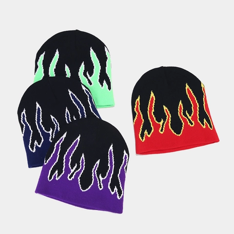 Flame Jacquard Knit Beanie Hat Acrylic Streetwear Hip Hop Fashion Winter Warm Brimless Pullover Skull Cap Men Women