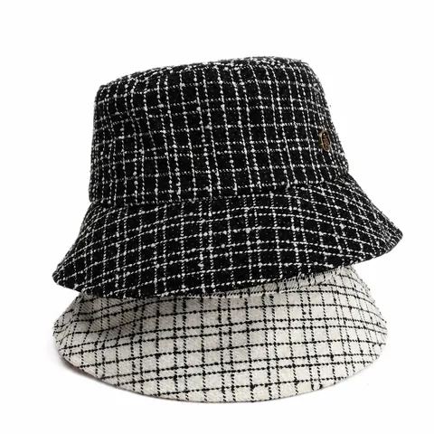 Women Vintage Plaid Tweed Bucket Hat Elegant Korean Style Checkered Sun Protection Basin Hat With Metal Decoration