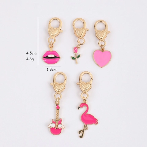 Pink Enamel Zinc Alloy Keychain Pendant Heart Clasp Flamingo Lips Rose Guitar Style Hanging Decoration For Women Bag Jewelry