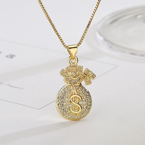 Hip Hop Pendant Necklace Gold Plated Copper With Iced Out Cubic Zirconia Crown King Money Bag Design For Women And Men
