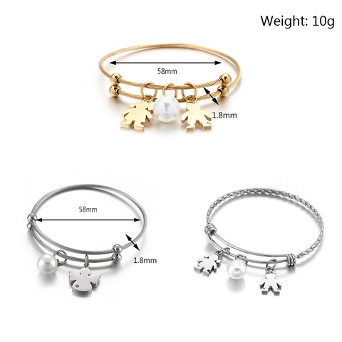 Stainless Steel Bangle Bracelet With Shell Artificial Pearl And Heart Angel Star Pendants Adjustable Open Cuff Wire Jewelry For Women