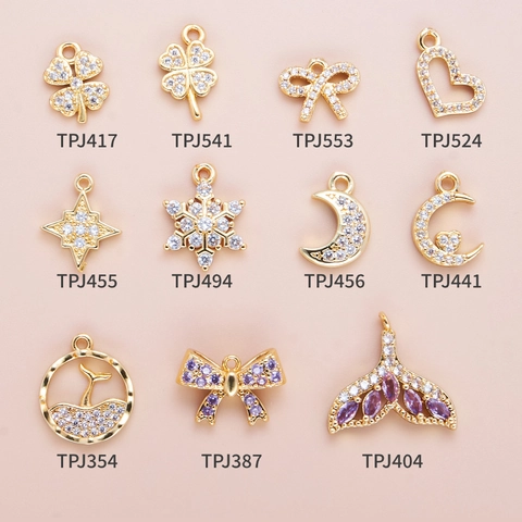 DIY Jewelry Charms Gold Plated Copper Zircon Inlaid Bow Heart Clover Star Moon Whale Tail Shapes For Bracelet Crafting